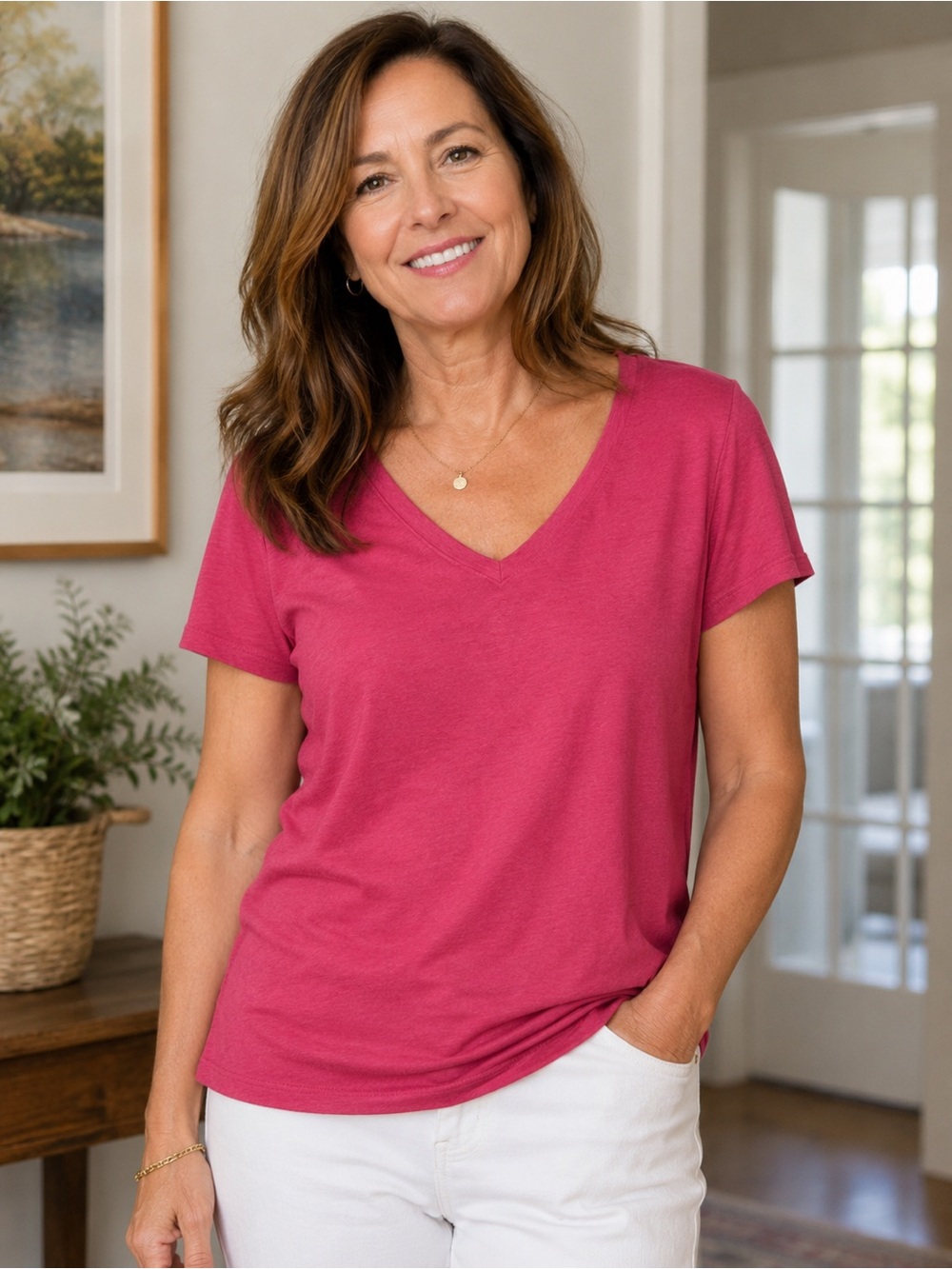 Eileen Fisher 100% organic linen Hot Pink V-Neck Short Sleeve Tee MED